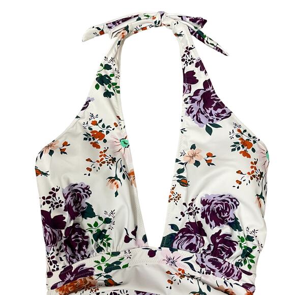 Cupshe | NWT White Floral Print Ruched Halter Cross Cutout One-Piece Swimsuit - Picture 4 of 12